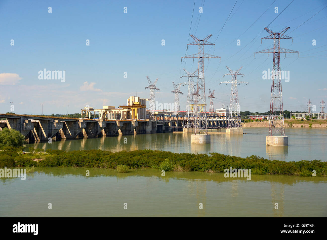 Hydro power plant in the Danube, power plant Kraftwerk Eisernes Tor 1, border between Serbia and Romania Stock Photo