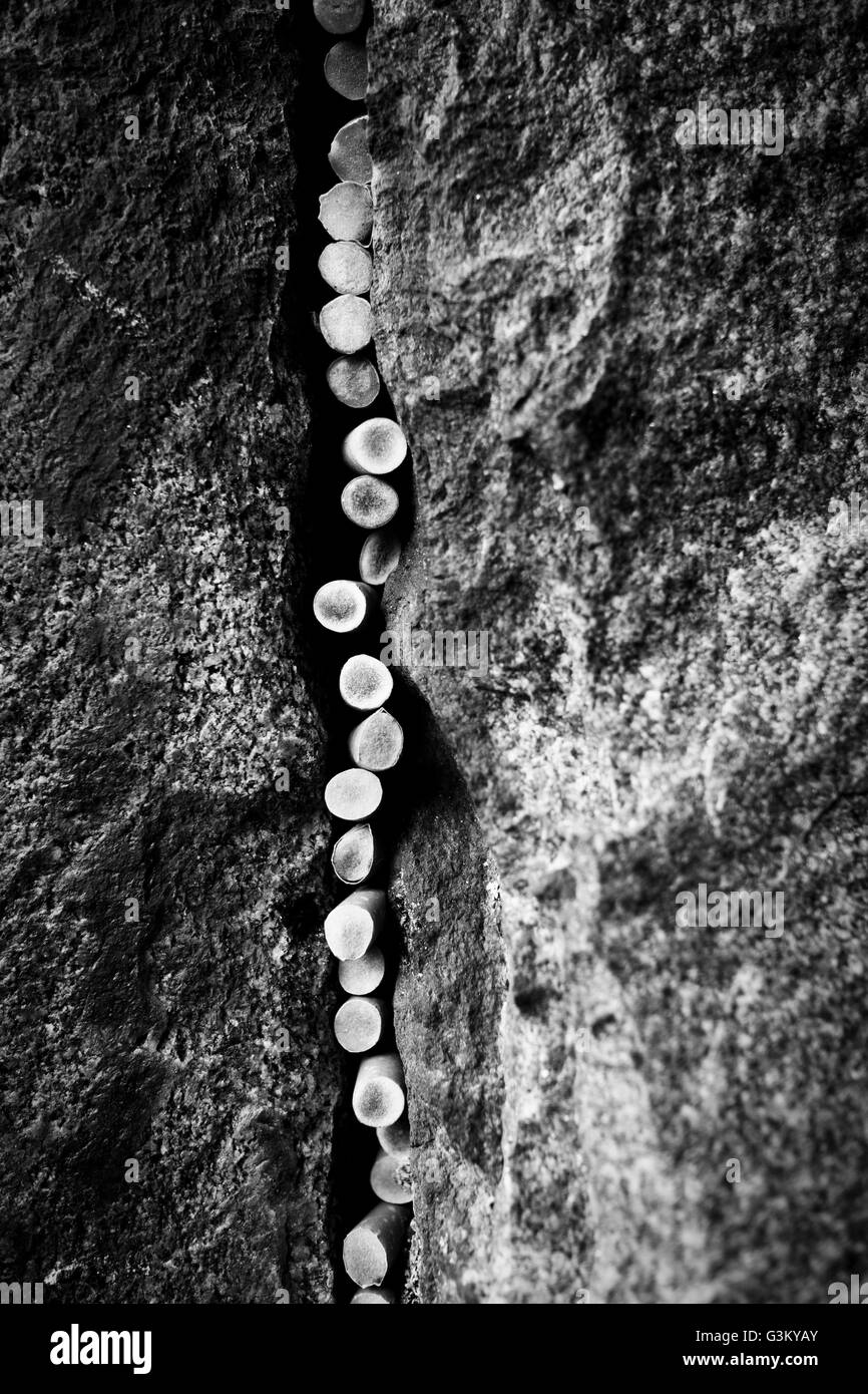 Cigarette butts stuck in a crack in a rock Stock Photo