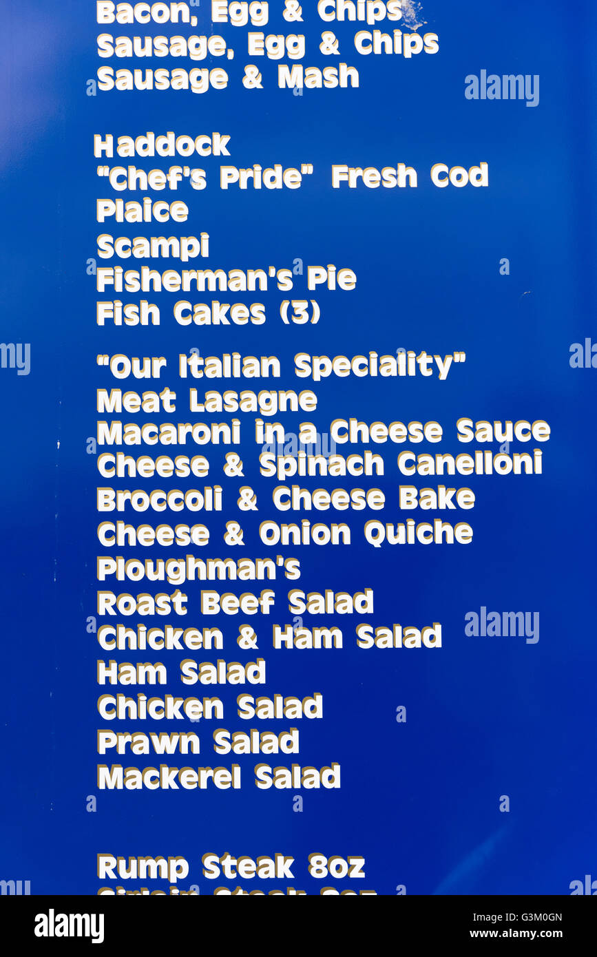 A menu from a UK seaside restaurant Stock Photo