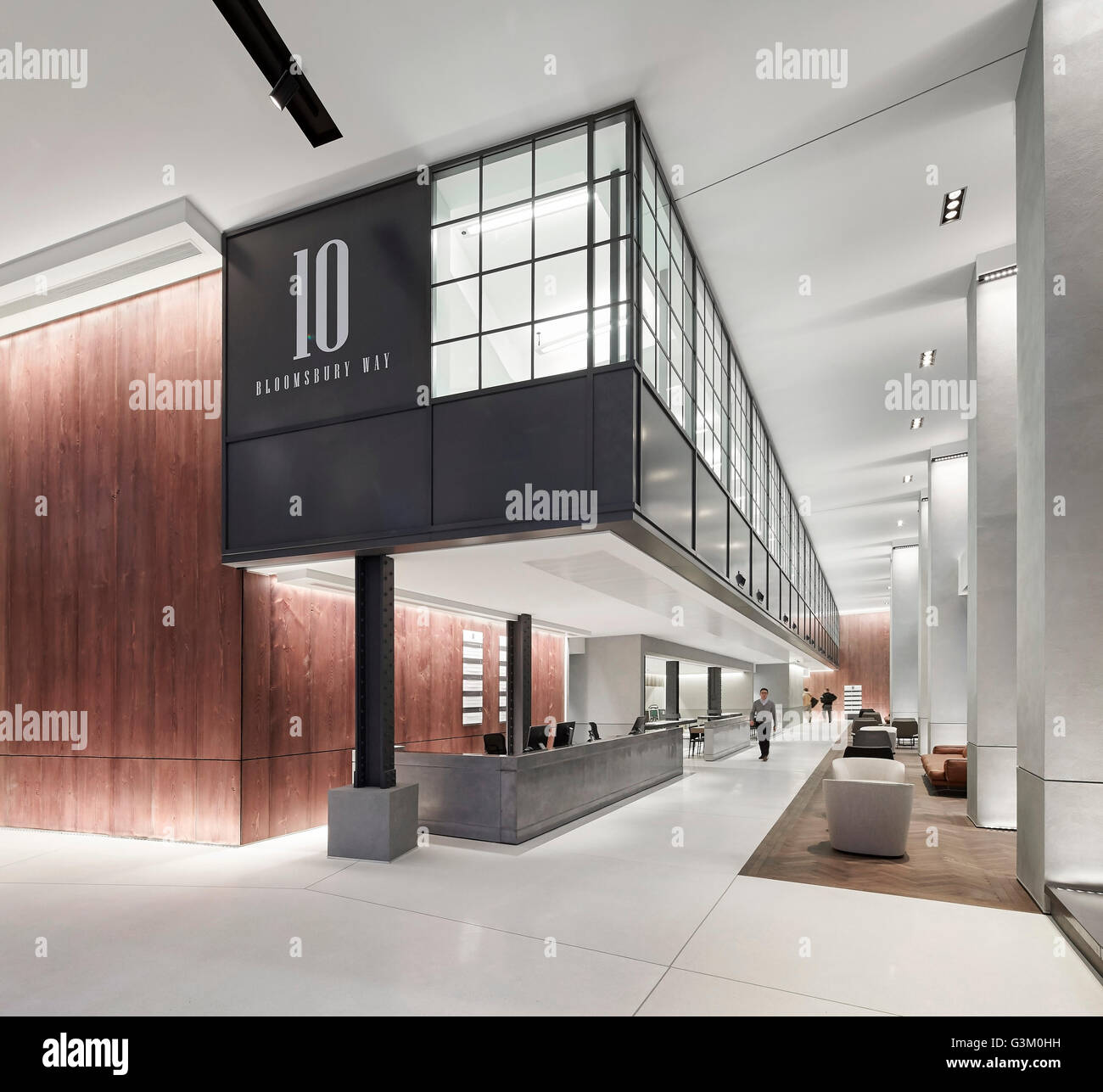 Perspective of ground floor reception area and lounge. Bloomsbury Way, London, United Kingdom