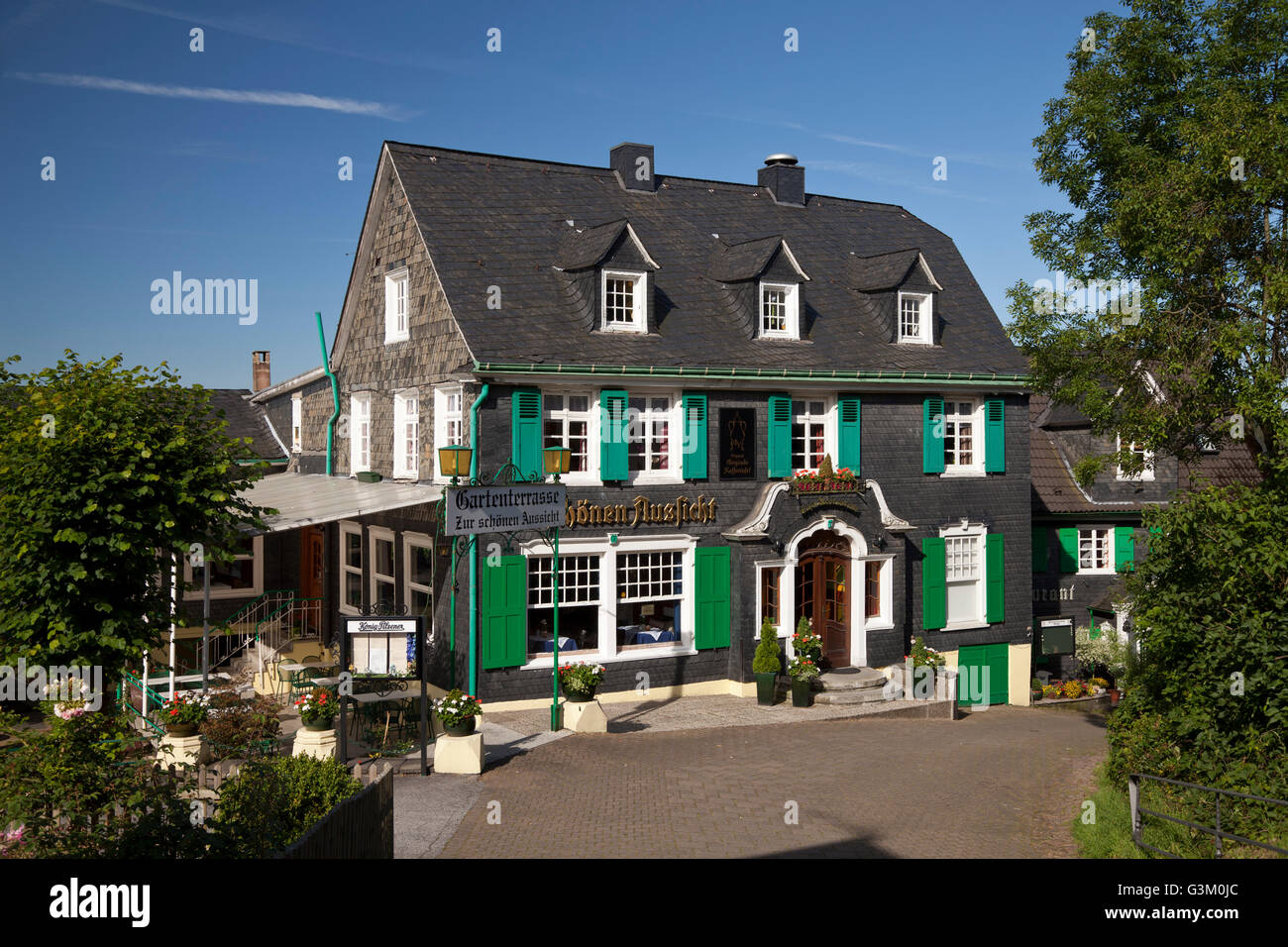 Zur schoenen Aussicht Restaurant, slate cladded house, Burg Castle, Burg an der Wupper, Solingen, Bergisches Land region Stock Photo