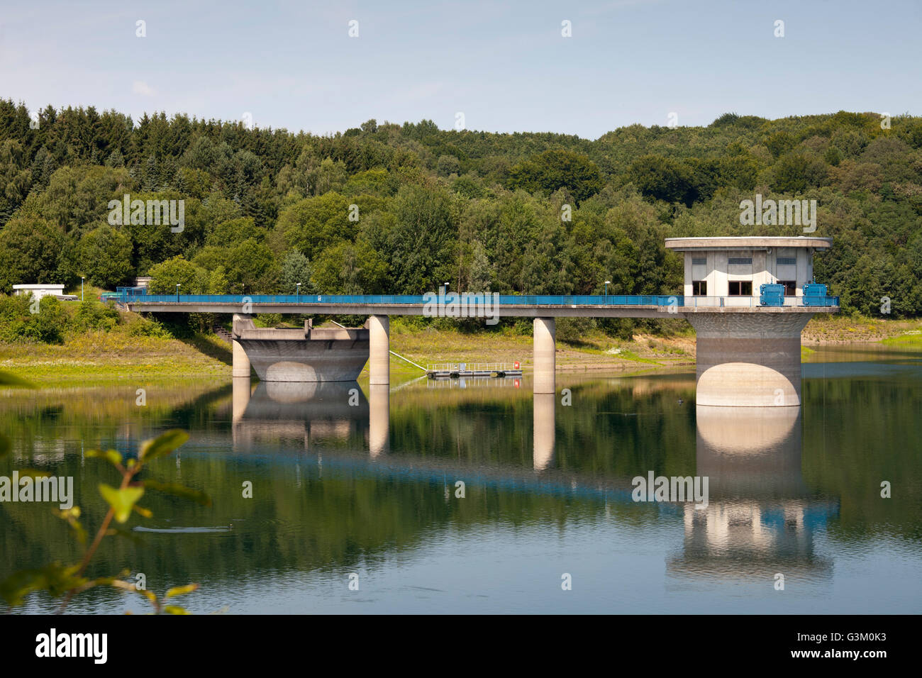 Tower for water withdrawal, Grosse Dhuenntalsperre dam, a drinking water reservoir, Odenthal, Bergisches Land region Stock Photo