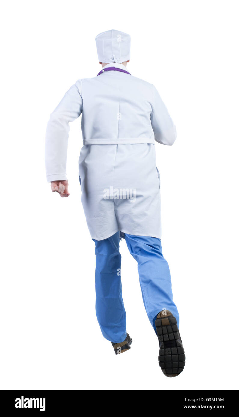 Back view of running doctor in a robe hurrying to help the patient. Walking guy in motion. Rear view people collection. Backside view of person. Isolated over white background. Stock Photo