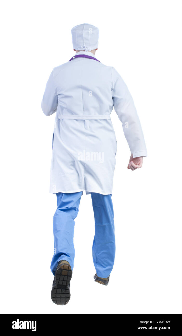 Back view of running doctor in a robe hurrying to help the patient. Walking guy in motion. Rear view people collection. Backside view of person. Isolated over white background. Stock Photo