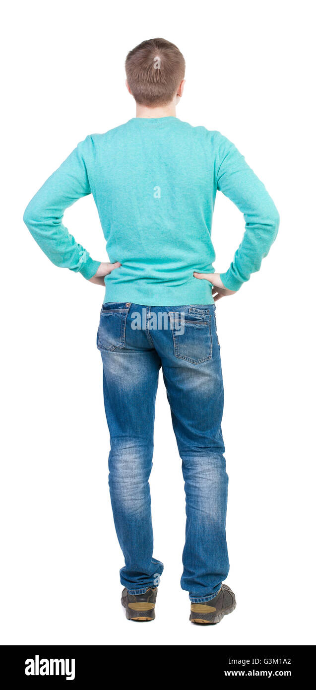 Back view of man in jeans. Standing young guy. Rear view people ...
