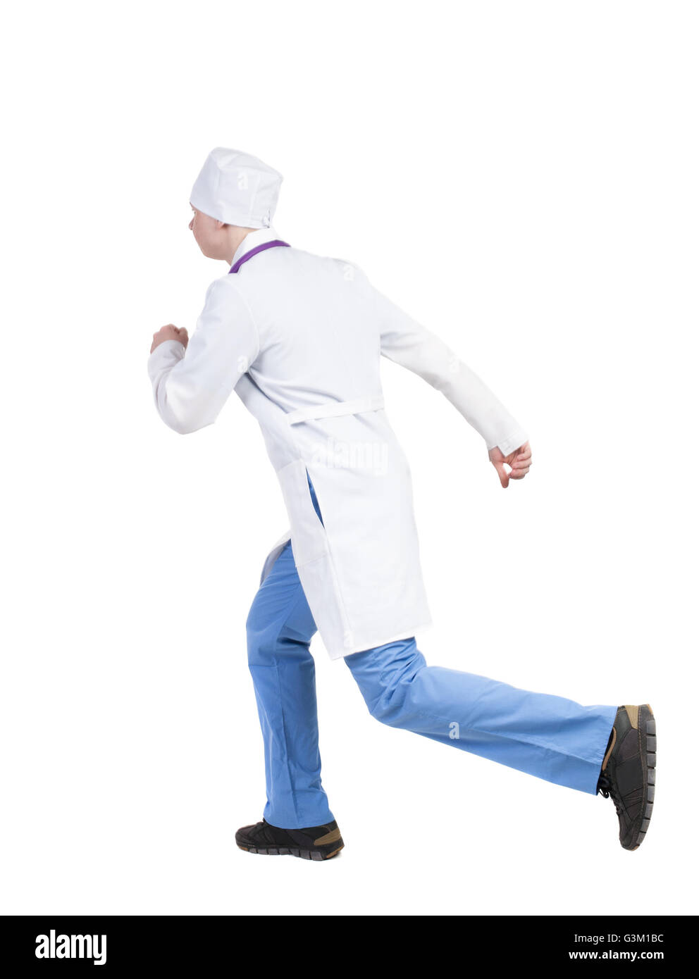 Back view of running doctor in a robe hurrying to help the patient. Walking guy in motion. Rear view people collection. Backside view of person. Isolated over white background. The nurse rushes for surgery Stock Photo