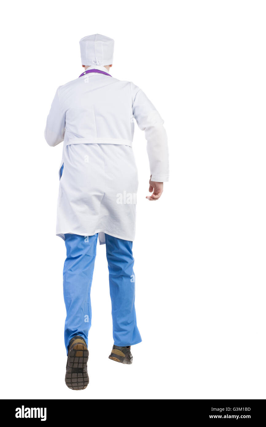 Back view of running doctor in a robe hurrying to help the patient. Walking guy in motion. Rear view people collection. Backside view of person. Isolated over white background. The nurse rushes to the aid Stock Photo