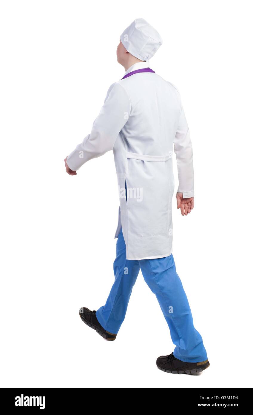 Back view of walking doctor in a robe hurrying to help the patient. Walking guy in motion. Rear view people collection. Backside view of person. Isolated over white background. The nurse rushes for surgery Stock Photo