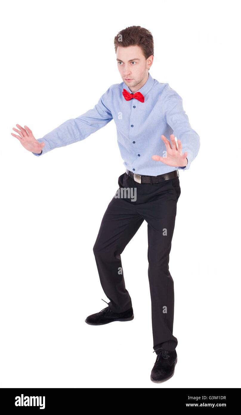 Referee suit and tie butterfly separates boxers. Isolated over white