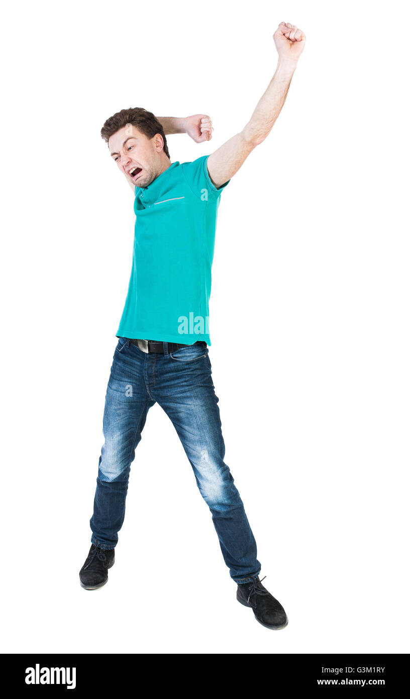 hysteria of the young men. Front view. Man waving his hands and crying. Isolated on white background. Stock Photo