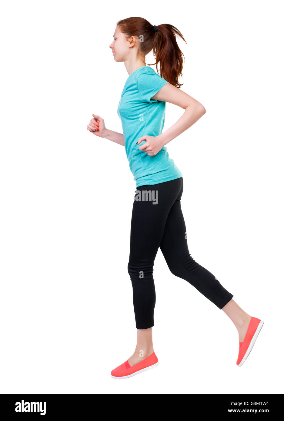back view of running sport woman. beautiful girl in motion. backside view  of person. Rear view people collection. Isolated over white background.  Sport girl in black tights engaged in running Stock Photo 