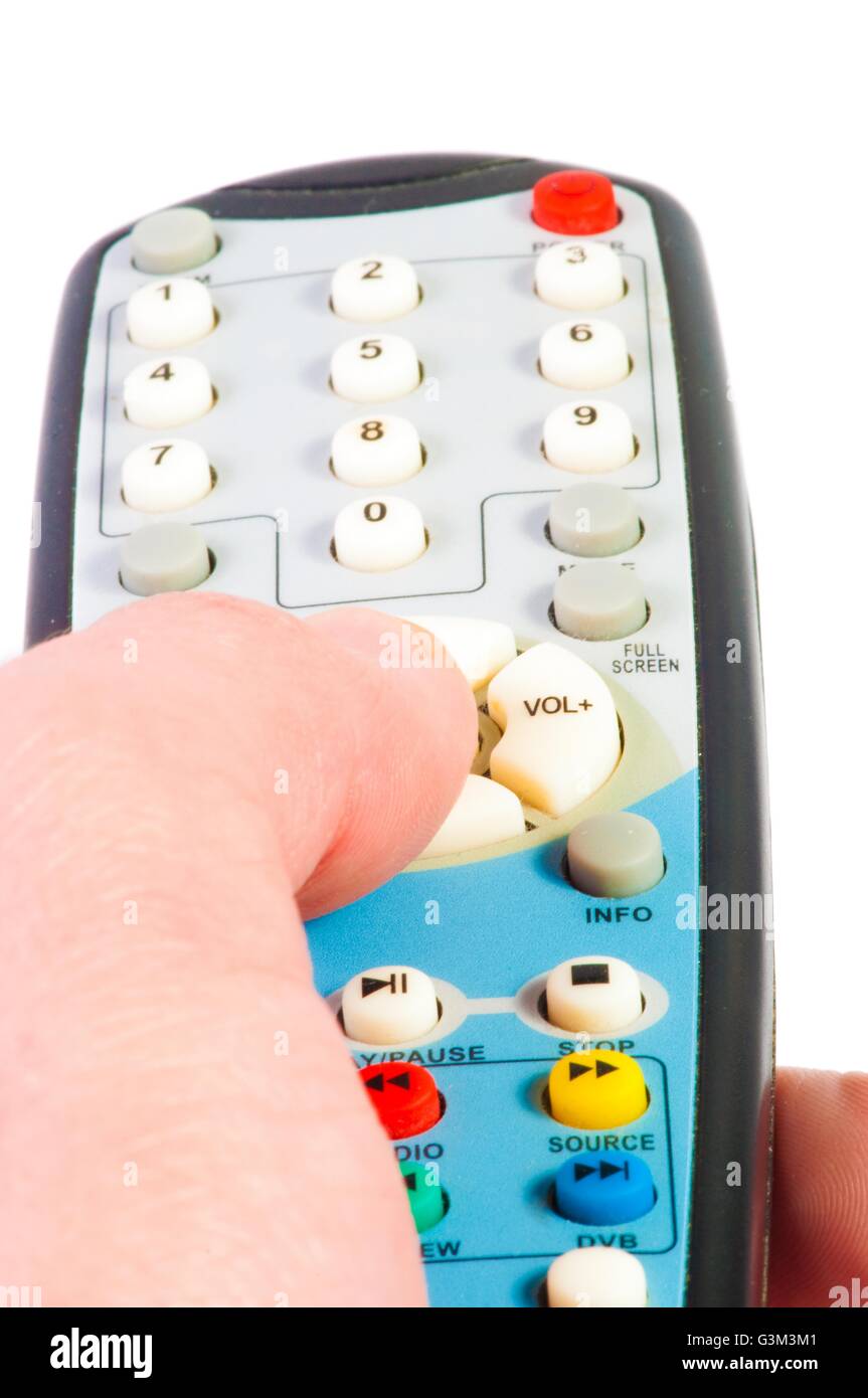 Hand holding television remote. Isolated over white background Stock ...