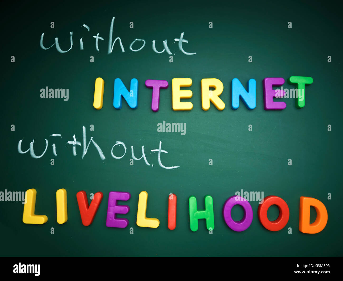 text without internet without livelihood on blackboard Stock Photo