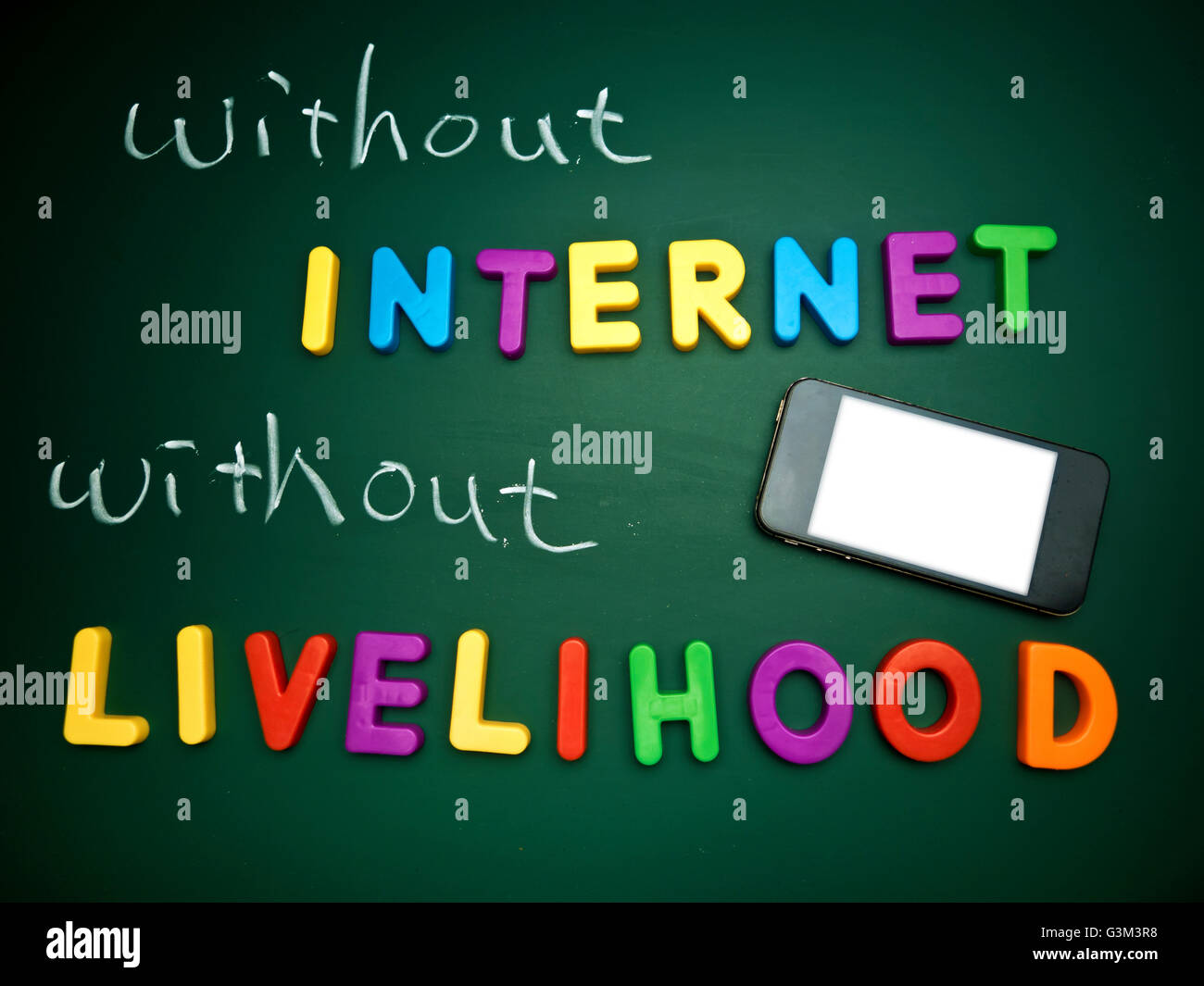 text without internet without livelihood on blackboard Stock Photo
