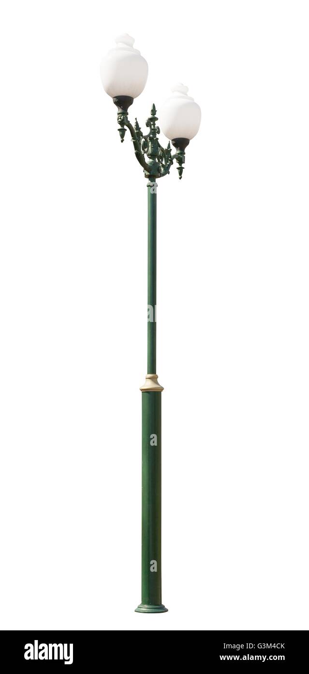 lamppost. Electric street light. Isolated on white background. Green electric pole with two lamps and curlicues Stock Photo