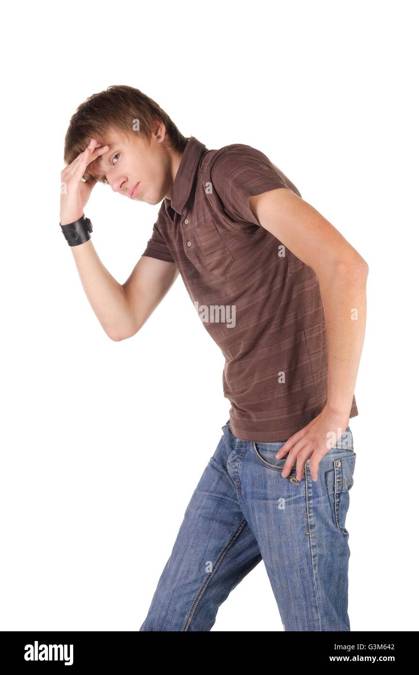 young breakdancer posing. Isolated over white background. Stock Photo