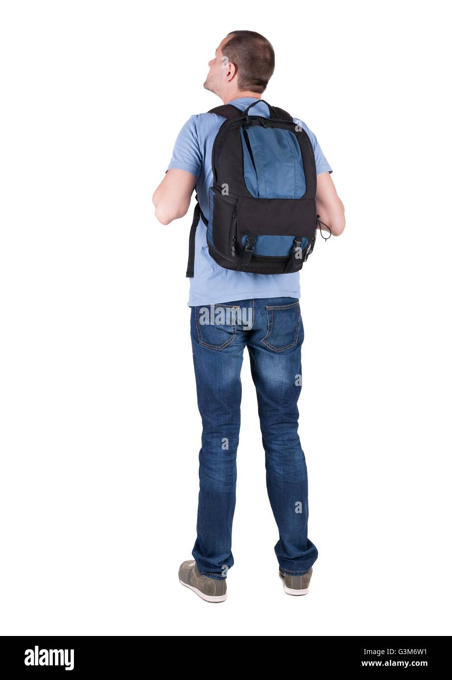 Back view of man with backpack looking up. Rear view people collection ...