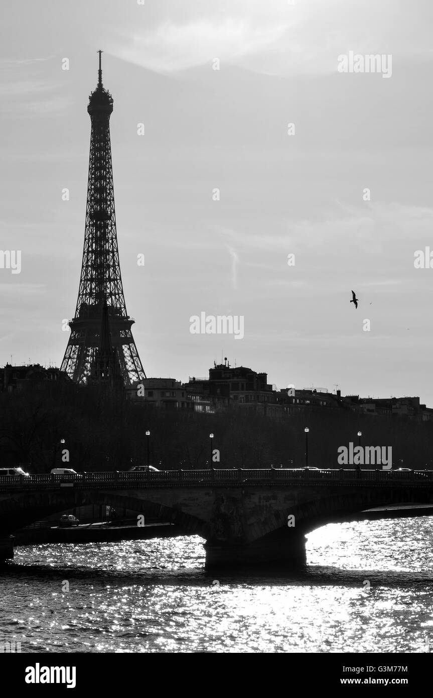 The Eiffel Tower and the river Seine in black and white. In Paris, France. Stock Photo