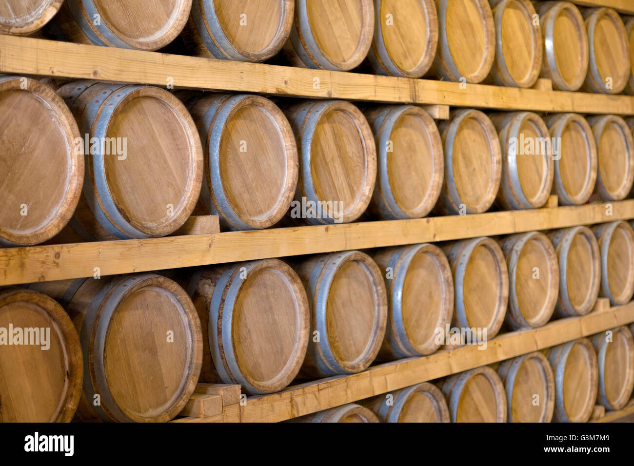 Storeroom with barrels at the Dingle Whiskey Distillery, in Dingle, County Kerry, Munster Province, Republic of Ireland. Stock Photo