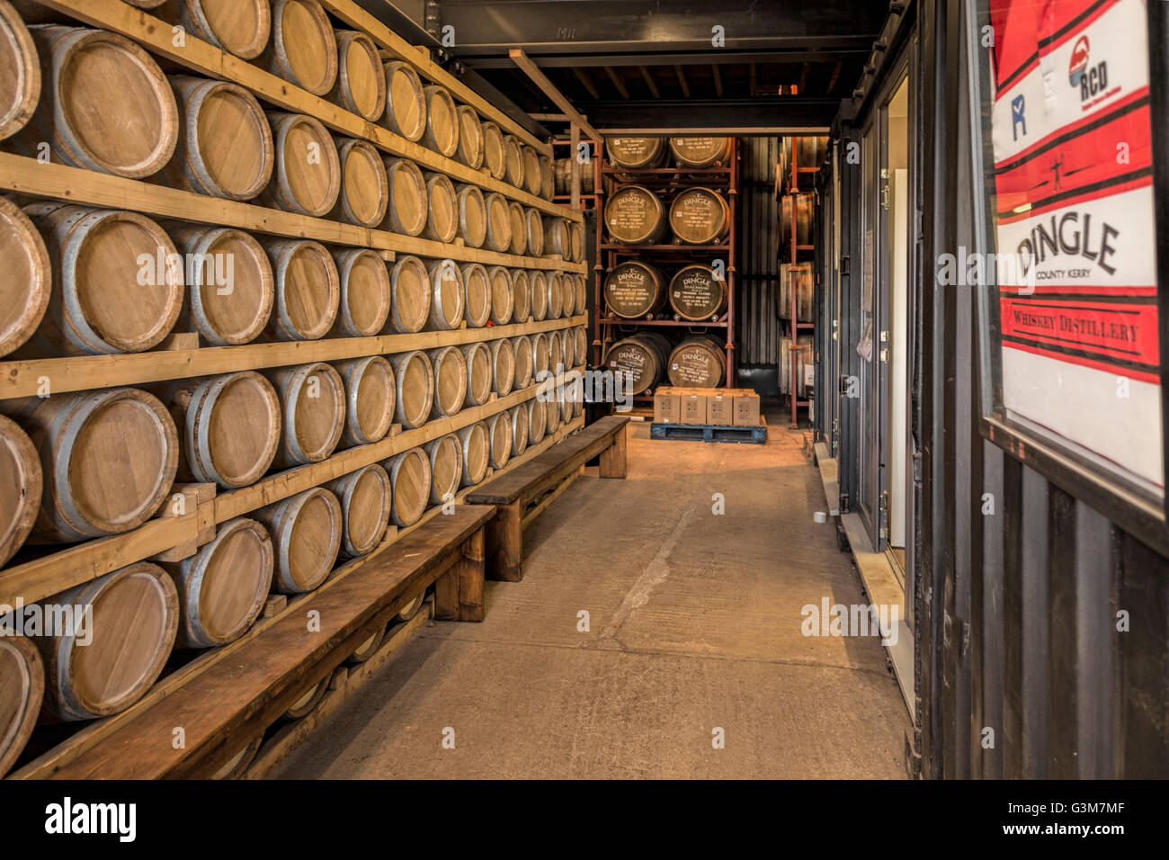 Storeroom with barrels at the Dingle Whiskey Distillery, in Dingle, County Kerry, Munster Province, Republic of Ireland. Stock Photo