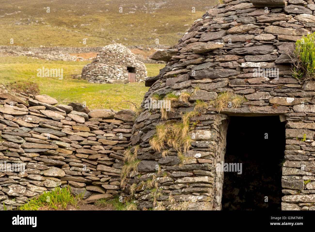 Clocháns on Dingle Peninsula, Slea Head Drive, County Kerry, Munster Province, Republic of Ireland. Stock Photo