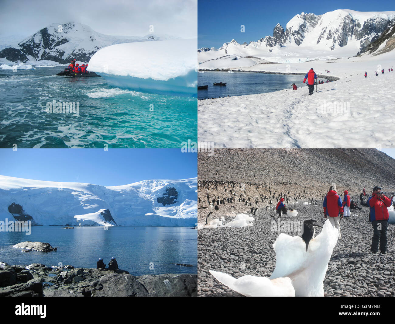 Cruise passengers enjoying spending time amongst the wildlife and stunning scenery of Antarctica. Stock Photo