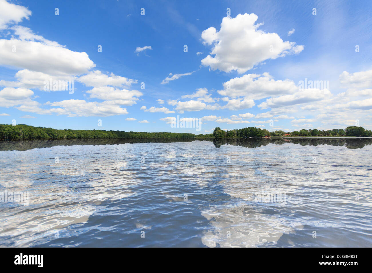 summer landscape, blue sky, clouds and water reflection Stock Photo