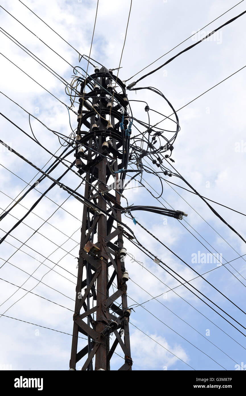 Many wires on an old electric pole Stock Photo - Alamy