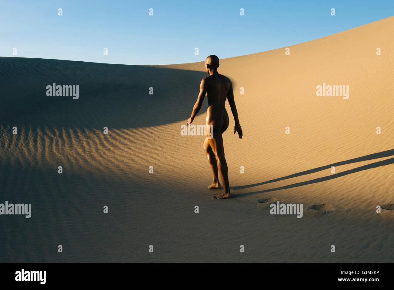 Nude woman walking in desert Stock Photo