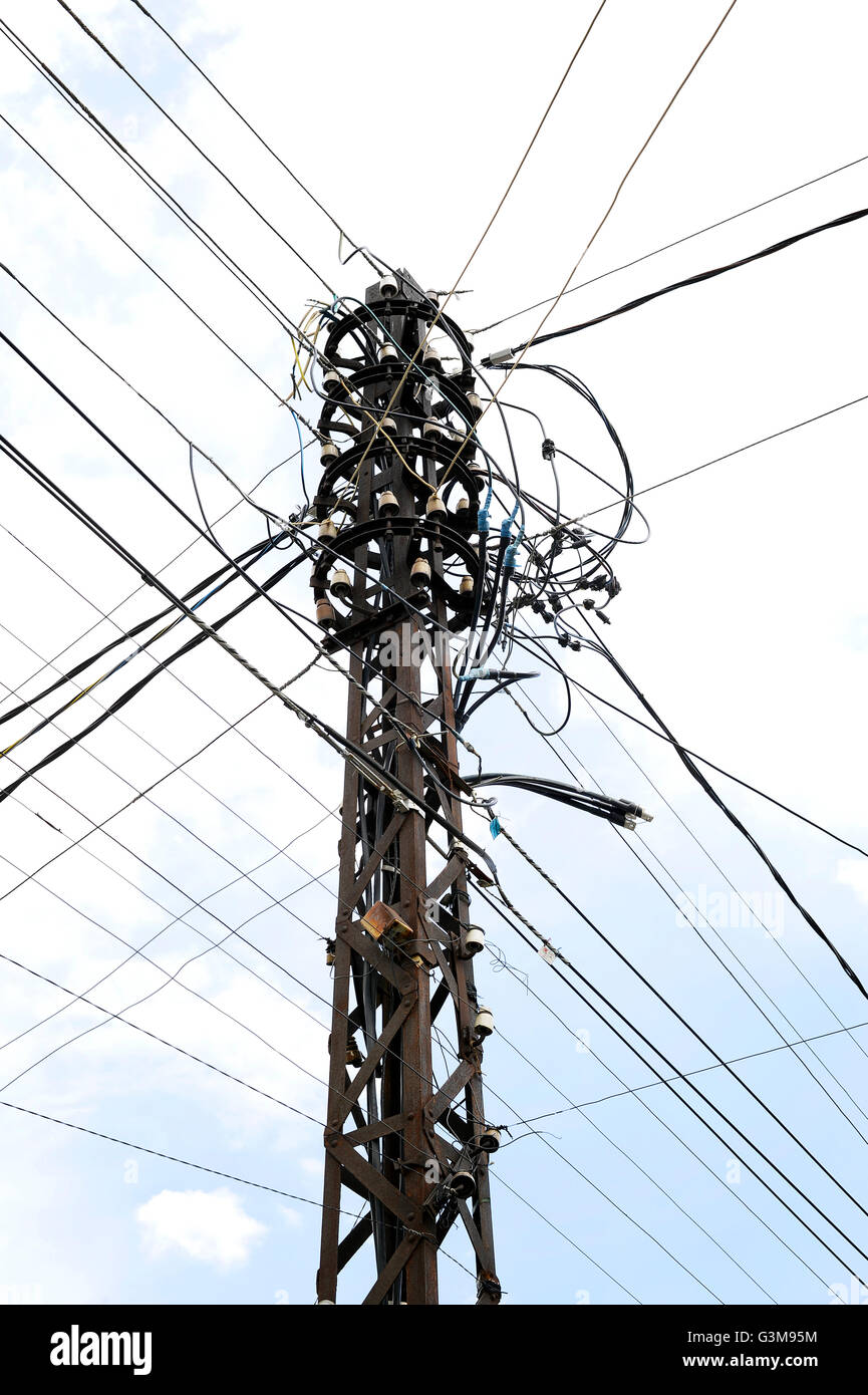 Many wires on an old electric pole Stock Photo - Alamy