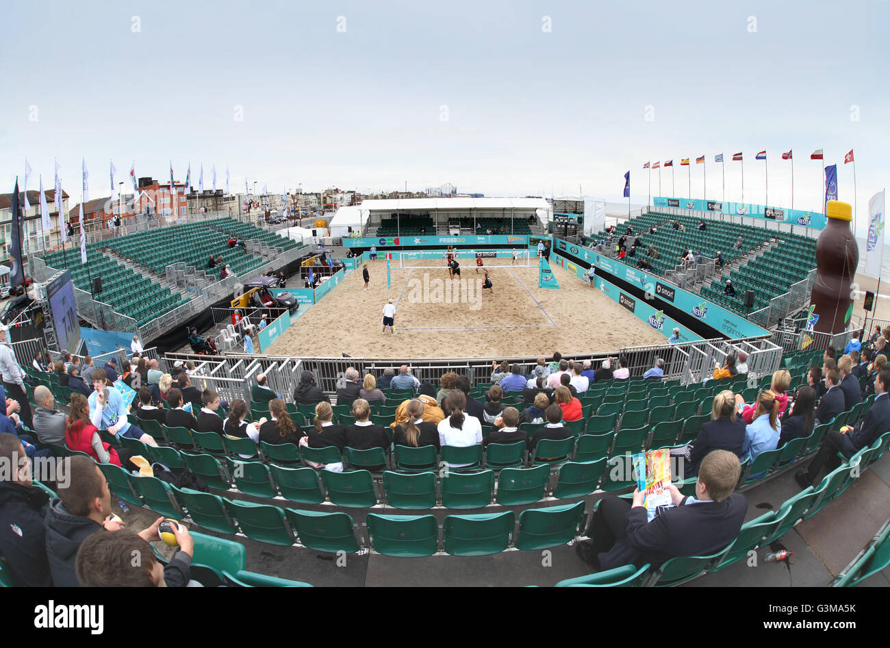 Wide view of the main court at the world Beach Volleyball championships taking place on Blackpool Beach Stock Photo