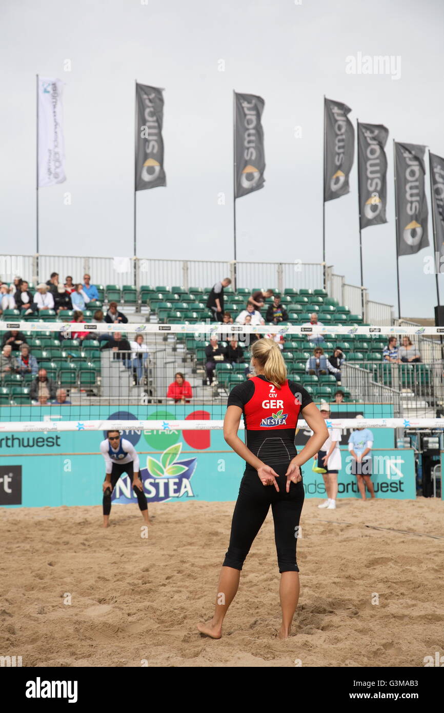 A member of the German Ladies team signals at the World Beach Volleyball championships taking place on Blackpool Beach Stock Photo