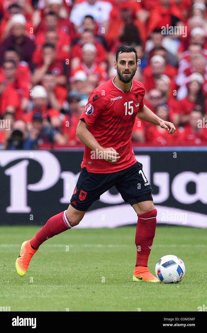 Lens, France. 11th June, 2016. Mergim Mavraj (ALB) Football/Soccer : UEFA EURO 2016 Group A match between Albania 0-1 Switzerland at Stade Bollaert-Delelis in Lens, France . © aicfoto/AFLO/Alamy Live News Stock Photo