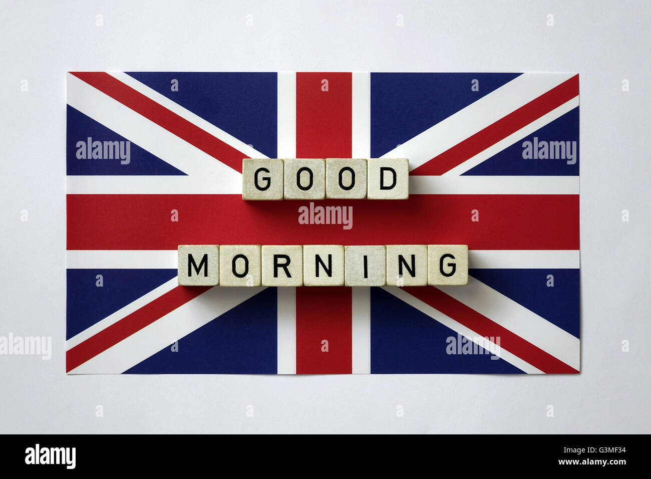 ILLUSTRATION - The words 'Good Morning' are seen on a British flag, 02 June 2016. Britons will vote on whether to remain in or leave the EU in a referendum on 23 June 2016. Photo: S. Steinach/dpa - NO WIRE SERVICE - Stock Photo