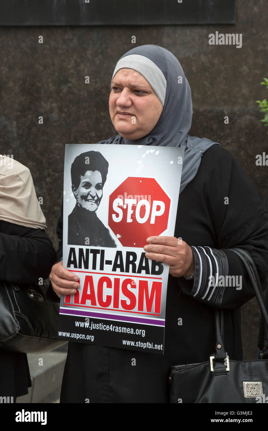 Detroit, Michigan, USA. 13th June, 2016. Supporters of Palestinian-American activist Rasmea Odeh rallied outside a Federal Courthouse where a federal judge held a status conference on her request for a new trial. In 2015, Odeh was convicted of lying on her 2004 application for U.S. citizenship. But a federal appeals court ordered Judge Gershwin Drain to reconsider the case because he had improperly excluded testimony about Odeh's torture in an Israeli prison. Credit:  Jim West/Alamy Live News Stock Photo