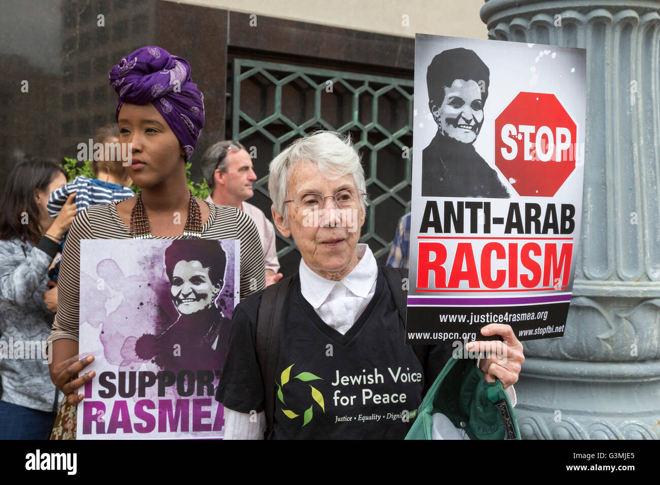 Detroit, Michigan, USA. 13th June, 2016. Supporters of Palestinian-American activist Rasmea Odeh rallied outside a Federal Courthouse where a federal judge held a status conference on her request for a new trial. In 2015, Odeh was convicted of lying on her 2004 application for U.S. citizenship. But a federal appeals court ordered Judge Gershwin Drain to reconsider the case because he had improperly excluded testimony about Odeh's torture in an Israeli prison. Credit:  Jim West/Alamy Live News Stock Photo