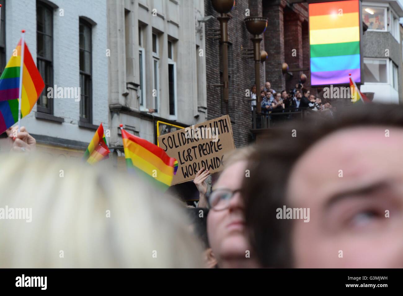 London, UK. June 13th 2016. A sign calls for solidarity with all LBGT members globally. Credit: Marc Ward/Alamy Live News Stock Photo