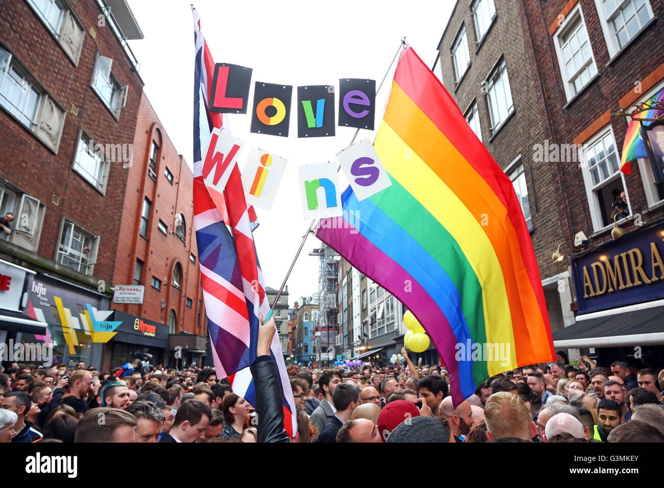 London, UK. 13th June, 2016. Soho Vigil for Orlando shootings in Old Compton Street, London where thousands of people gathered in memory of the victims killed at the gay nightclub in Orlando. Credit:  Paul Brown/Alamy Live News Stock Photo