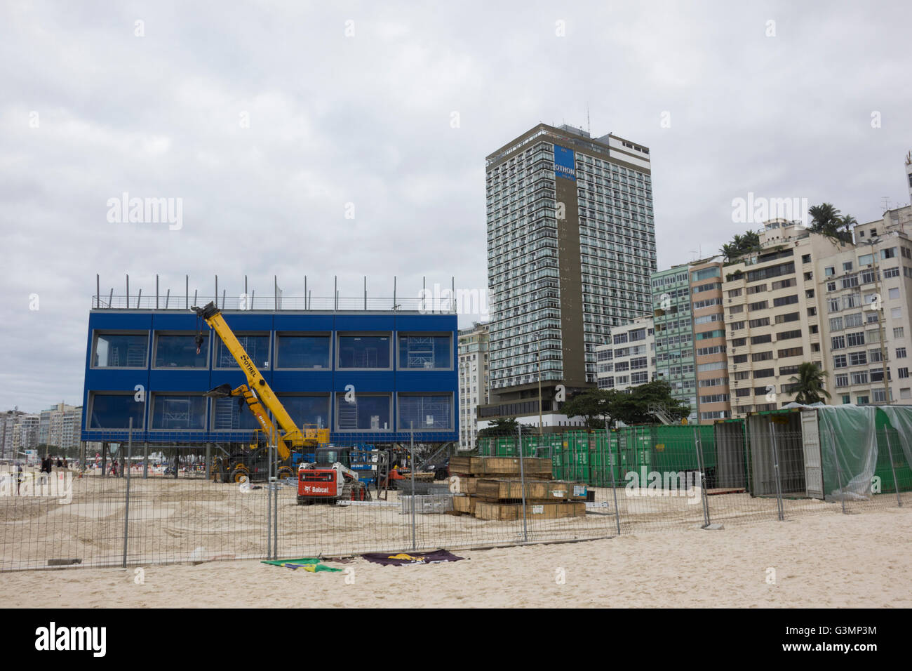 Rio de Janeiro, Brazil, 13 June 2016: A hangover that reaches the coast of Rio de Janeiro has affected the construction of two Olympic works that are being built on the sands of Copacabana beach. The TV studios that have views of the sugar loaf, were hit by waves that tore down the bars protecting the construction site. The same occurred in Volleyball Olympic Arena that is being built on another point. Credit:  Luiz Souza/Alamy Live News Stock Photo