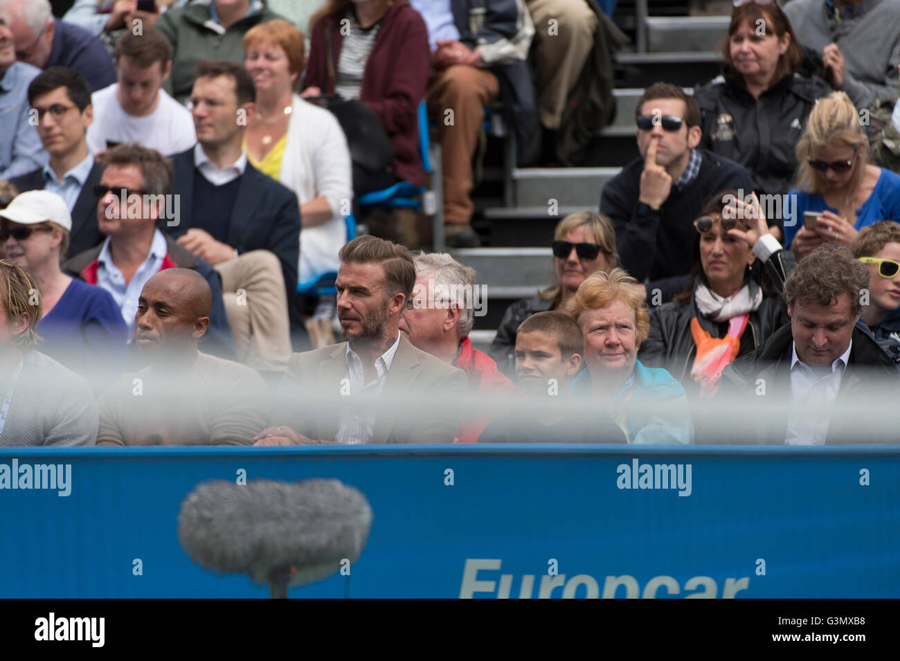 The Queen’s Club, London UK. 14th June 2016. Day 2 of grass court championships at the west London club till 19th June, with Stan Wawrinka (SUI) vs Fernando Verdasco (Esp). David Beckham and son watch the match. Credit:  sportsimages/Alamy Live News. Stock Photo