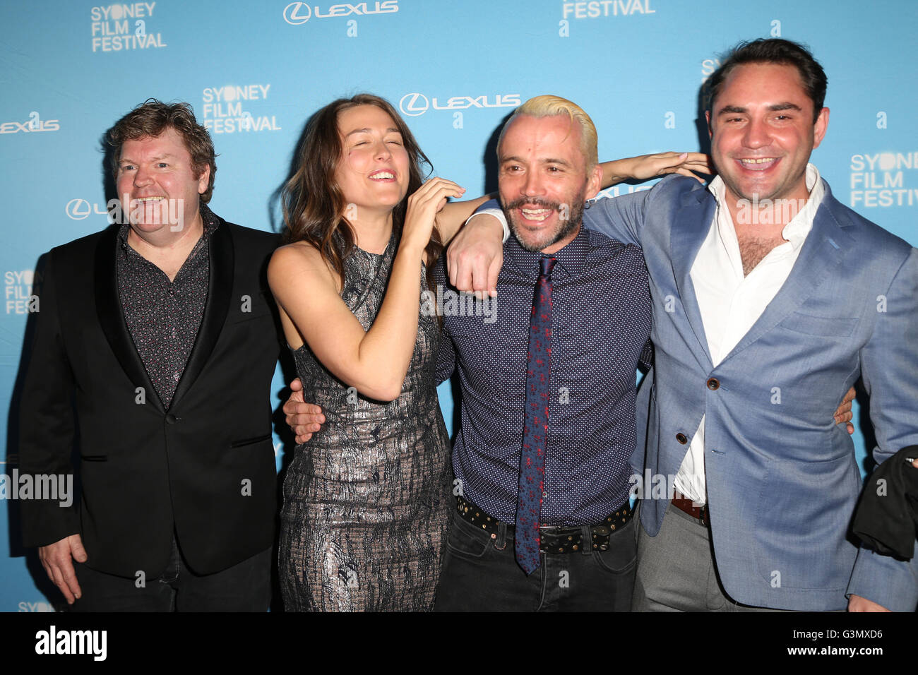 Sydney, Australia. 14 June 2016. Celebrities arrived on the red carpet at the 63rd Sydney Film Festival for the MESSiAH, World Premiere followed by Blood Father, Australian Premiere. Pictured: Stephen Hunter (actor – MESSiAH), Chloé Boreham (actress – MESSiAH) and Damian Walshe-Howling (director – MESSiAH) with tbc. Credit:  Richard Milnes/Alamy Live News Stock Photo