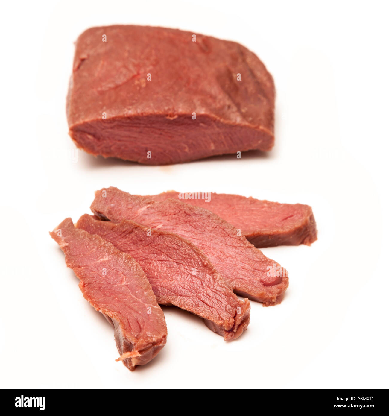 Cooked Ostrich (Struthio camelus) meat steaks isolated on a white
