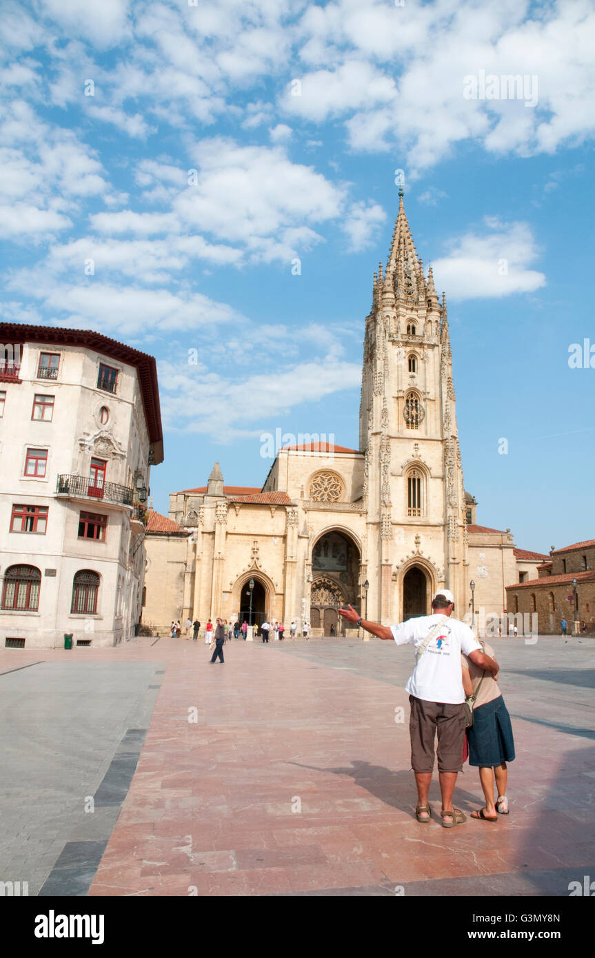 Gothic cathedral. Alfonso II El Casto Square, Oviedo, Asturias, Spain. Stock Photo
