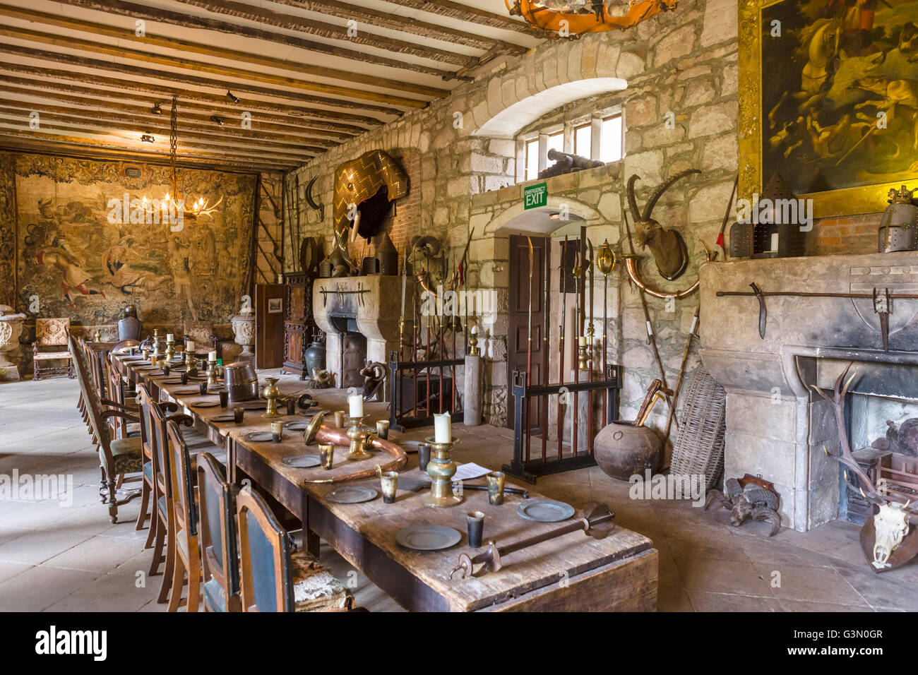 The dining hall in Chillingham Castle, Northumberland, England, UK
