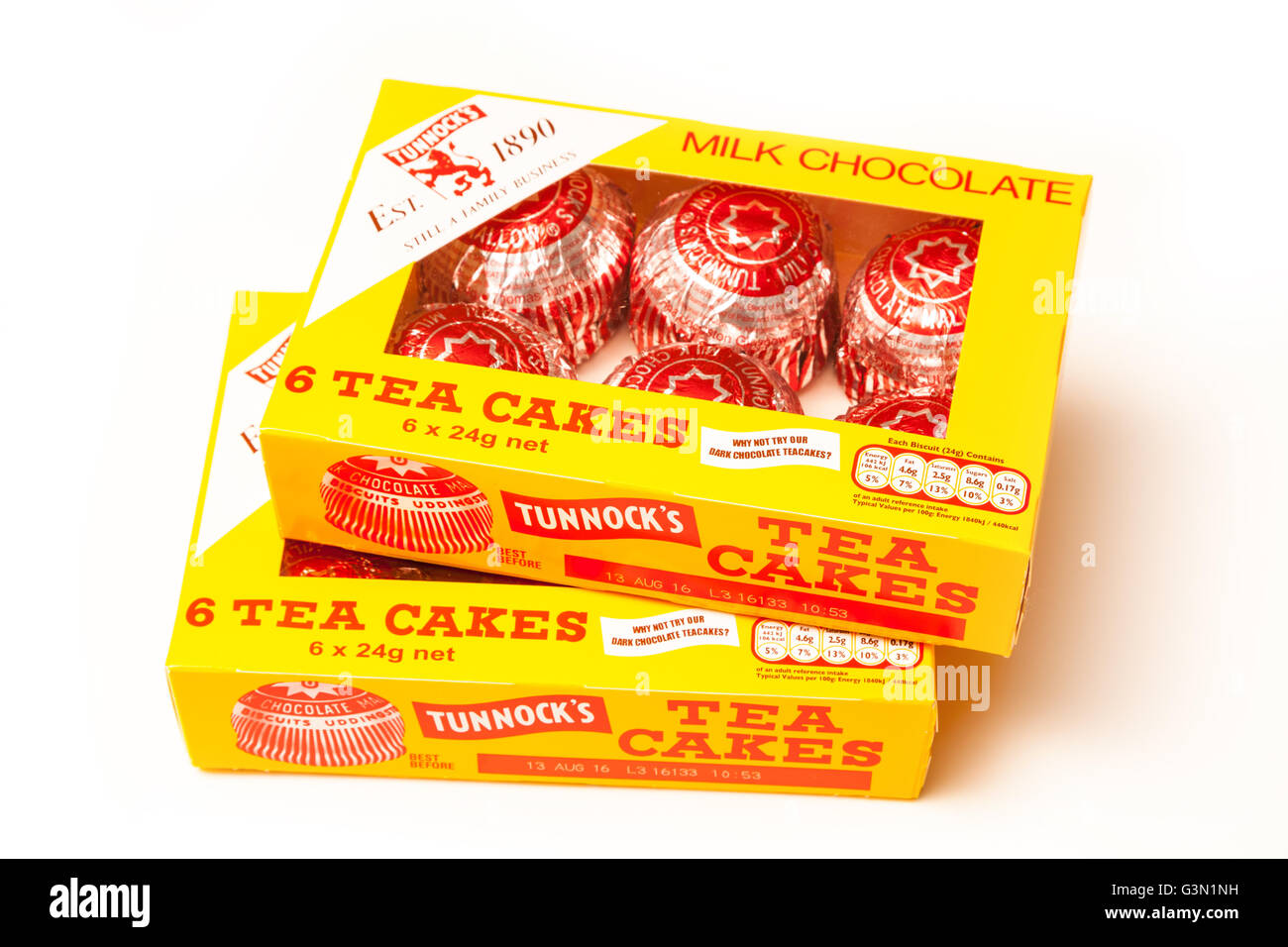 Tunnock's tea cakes, Traditional chocolate and Marshmallow cakes isolated on a white studio background. Stock Photo