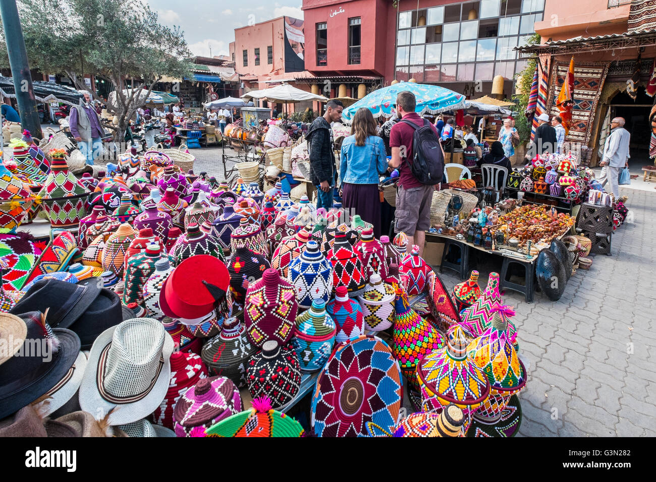 Souvenir stalls in the Back streets of the medina in Marrakesh / Marrakech, Morocco Stock Photo