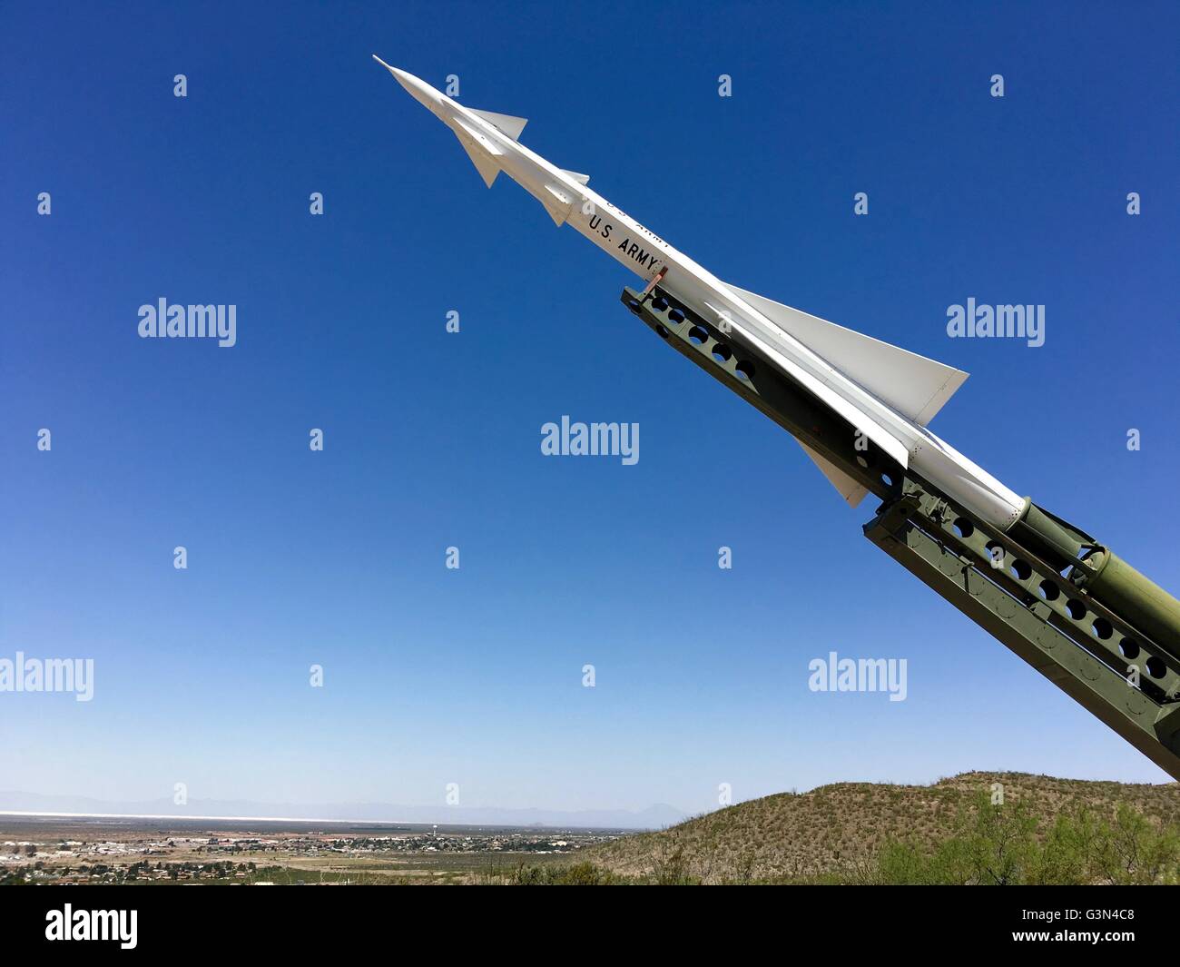 A Nike Ajax with launcher, surface to air missile at the New Mexico Museum of Space History in Alamogordo, New Mexico Stock Photo