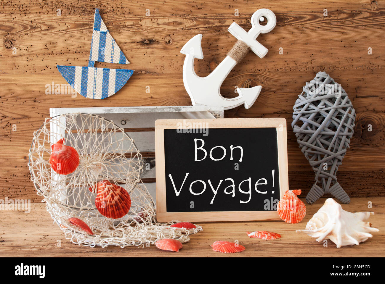 Chalkboard With Summer Decoration, Bon Voyage Means Good Trip Stock Photo
