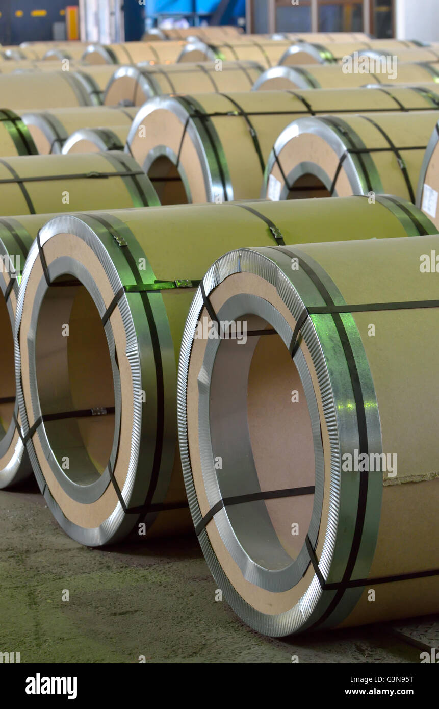 Steel coil pack in warehouse Stock Photo