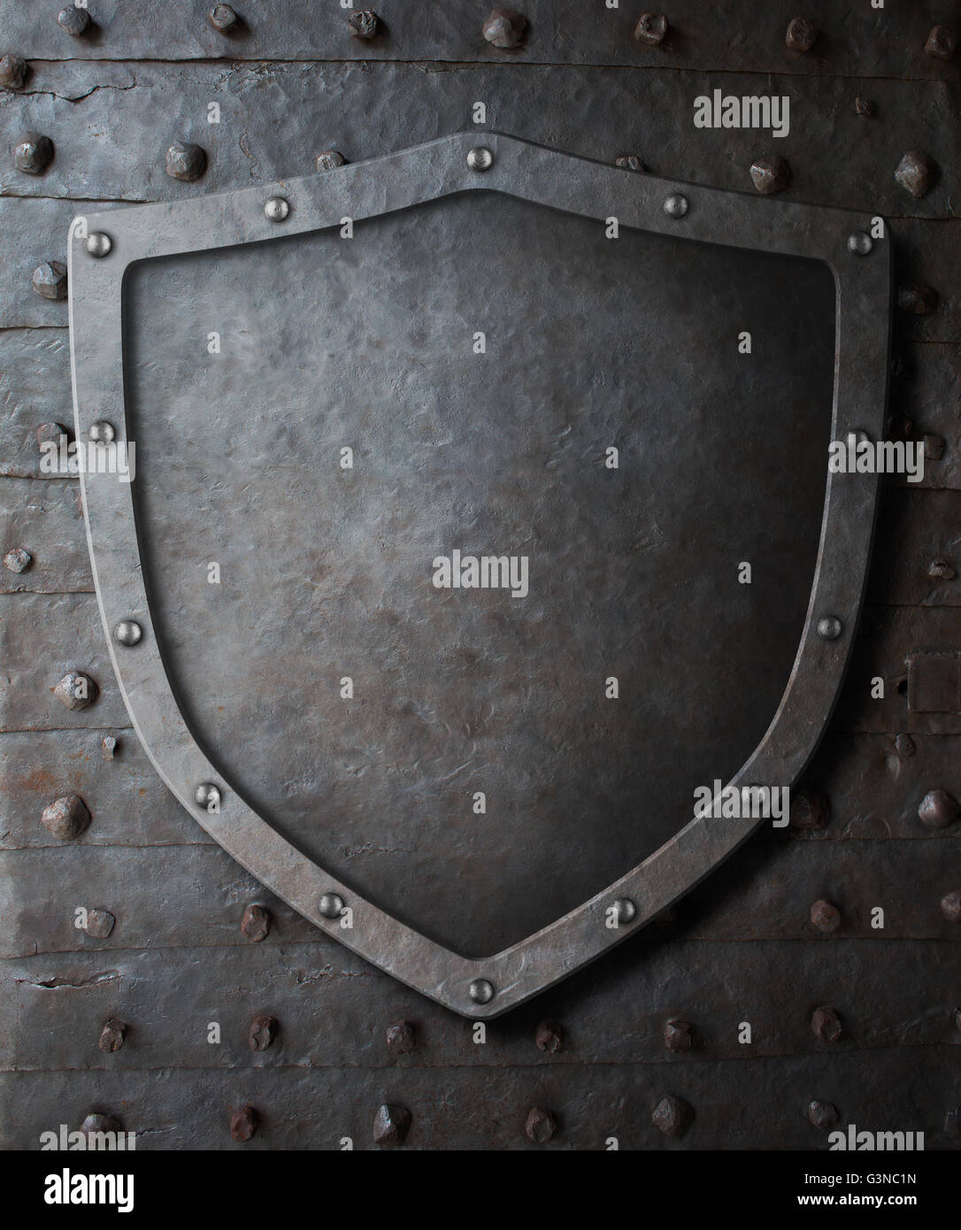 old medieval coat of arms shield over metal door background Stock Photo